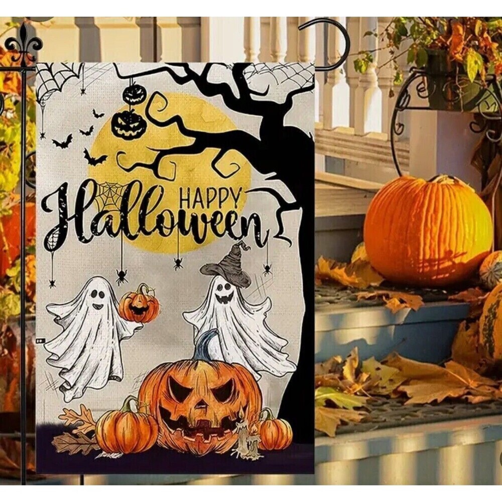 Halloween Garden Flag Printed, Linen, Outdoor “Happy Halloween” Size 18”x 12”